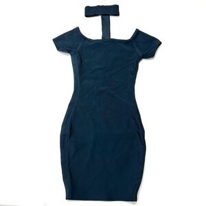 Marciano Strapless Choker Bodycon Navy Blue Knit Dress